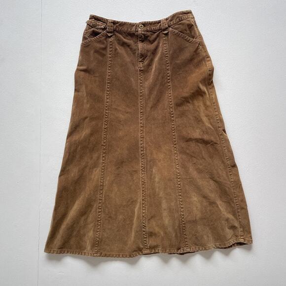 Vintage Y2K EDDIE BAUER Brown Velvet Corduroy Paneled A Line Maxi Skirt Grunge - Picture 1 of 8